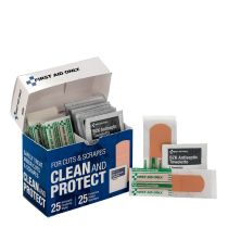 Clean and Protect for Cuts & Scrapes with 25 BZK Antiseptic Wipes and 25 Protective Plastic Bandages, 1" x 3" and 3/4" x 3"