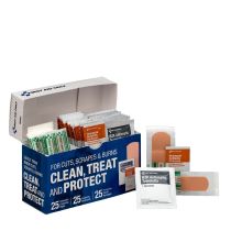 Clean, Treat and Protect for Cuts, Scrapes & Burns with 25 BZK Antiseptic Wipes, 25 Antibiotic Ointment Packets, and 25 Protective Plastic Bandages, 1” x 3” and ¾” x 3”