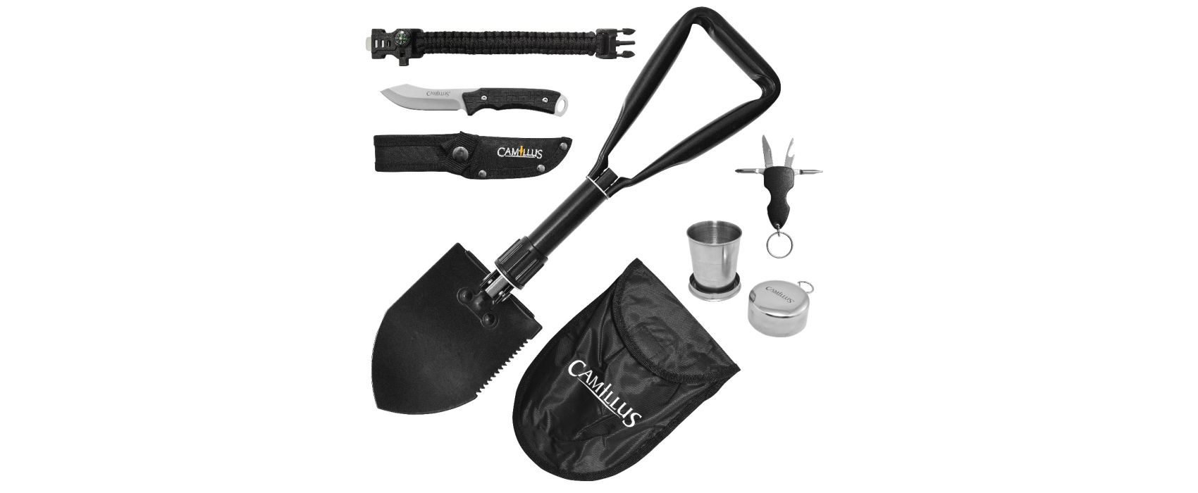 Camillus Adventure Pack, 4.88 Drop-Point Knife and Sheath, with Foldable  Shovel, Firestarter and 18-Multi-Tools 