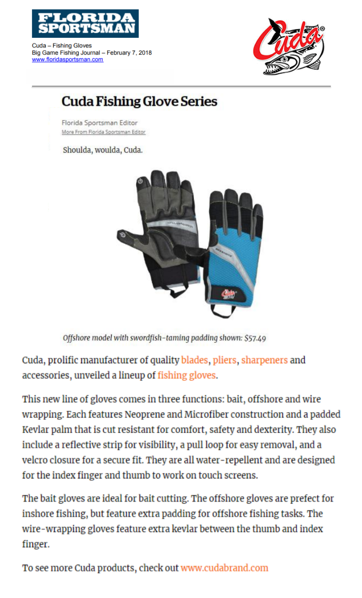 Cuda Fishing Glove Series - Featured in Florida Sportsman February 7, 2018